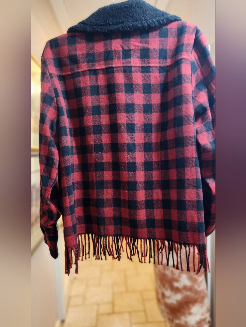 NWT CHAPS Red and Black Plaid Jacket With FRINGE/Sherpa Coller - Picture 9 of 9